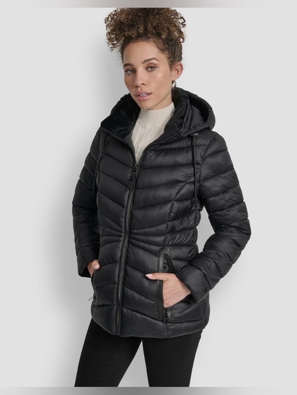 🖤 DKNY Black Puffer Jacket Size Large NWT Hooded Faux Fur Trim Warm 5°F